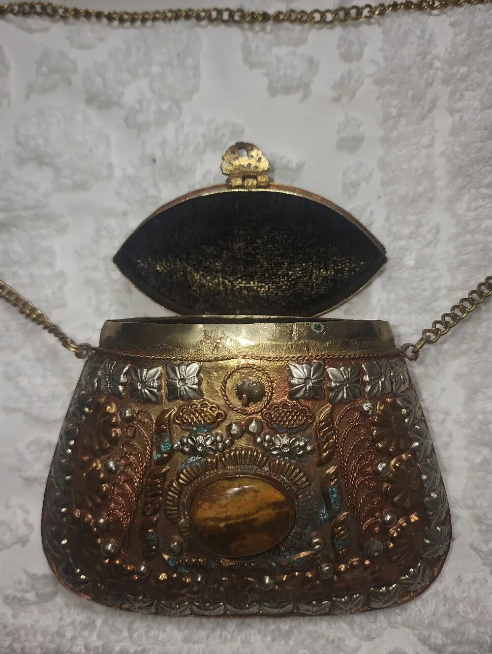 Vintage Sajai Indian Ethnic Sling Bag Clutches, Brass/Copper w/ Metal Chain